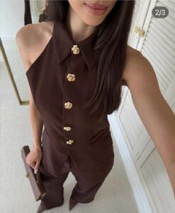 Conjunto Sofisticado Café: Chaleco Halter y Pantalón Palazzo