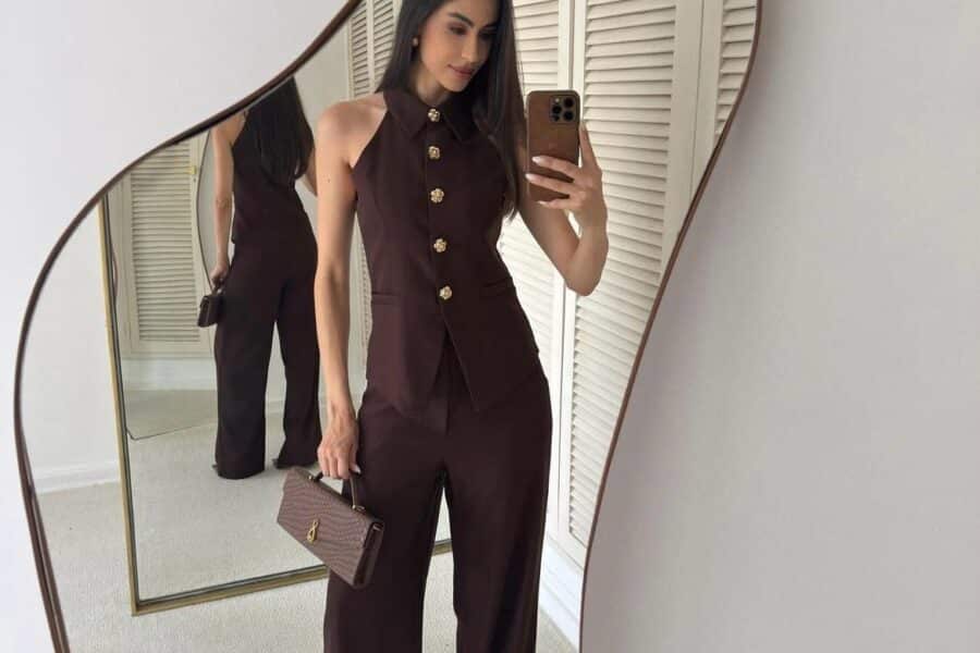 Conjunto Sofisticado Café: Chaleco Halter y Pantalón Palazzo