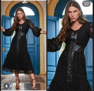 Vestido Midi de Encaje Negro con Detalles de Cuero Sintético y Manga Larga Abullonada