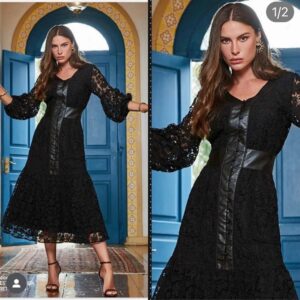 Vestido Midi de Encaje Negro con Detalles de Cuero Sintético y Manga Larga Abullonada