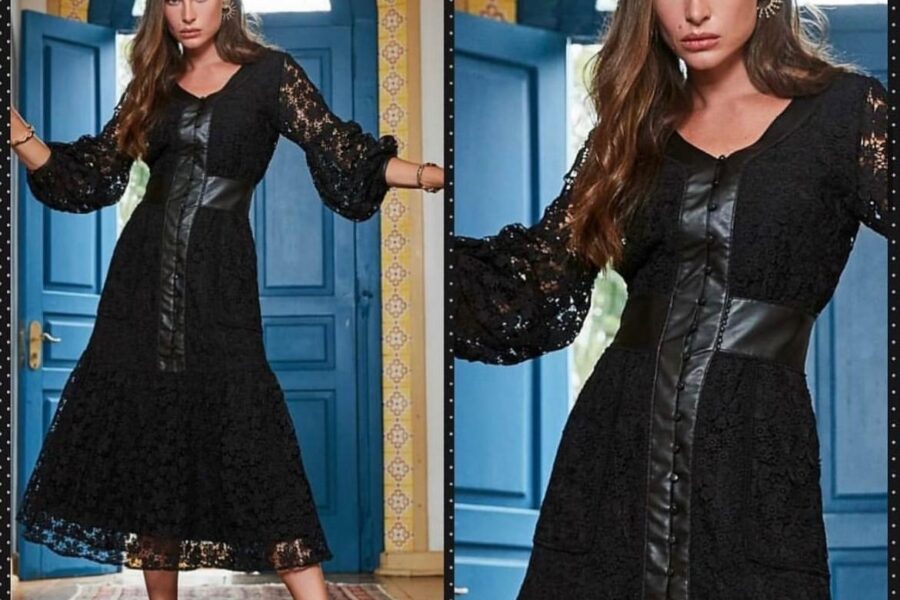 Vestido Midi de Encaje Negro con Detalles de Cuero Sintético y Manga Larga Abullonada