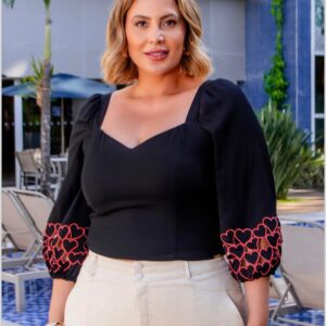 Blusa Fluida con Escote Cuadrado/Corazón y Manga Corta con Detalles